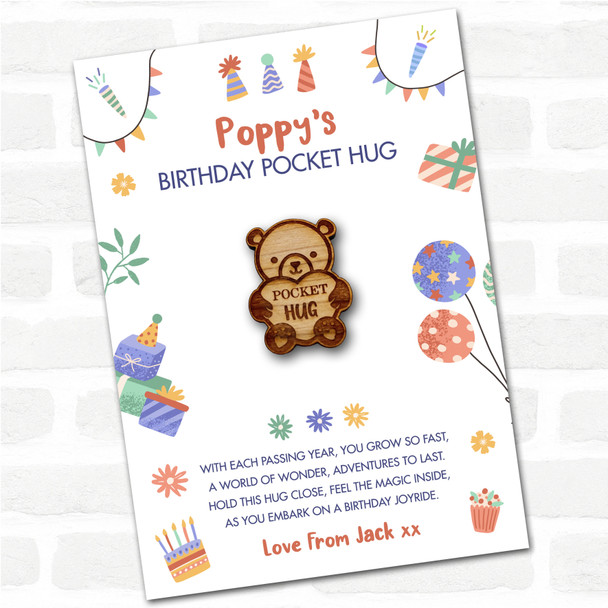 Teddy Bear Holding Heart Kid's Birthday Hats Cakes Personalised Gift Pocket Hug