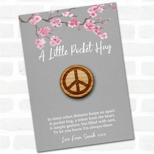 Peace Symbol Grey Pink Blossom Personalised Gift Pocket Hug