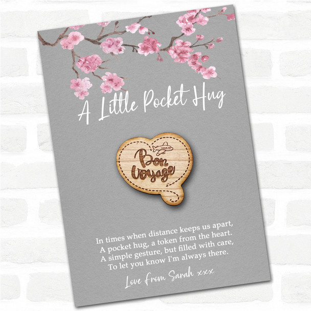 Bon Voyage in Heart Plane Grey Pink Blossom Personalised Gift Pocket Hug