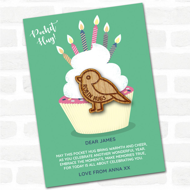 Little Robin Cupcake Happy Birthday Personalised Gift Pocket Hug