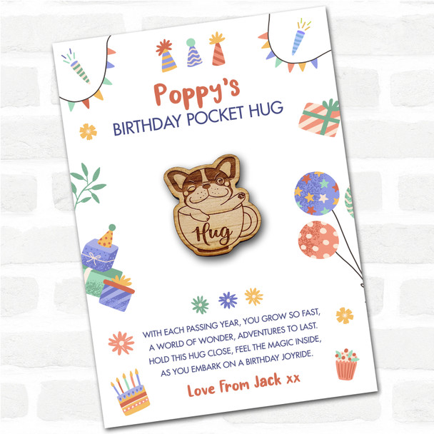 French Bulldog Puppy Dog Kid's Birthday Hats Cakes Personalised Gift Pocket Hug