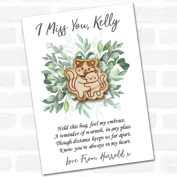 Two Cats Cuddling Green Leaves I Miss You Personalised Gift Pocket Hug