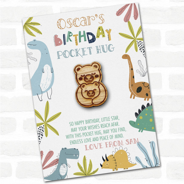 Parent and Baby Bear Kid's Boys Birthday Dinosaur Personalised Gift Pocket Hug