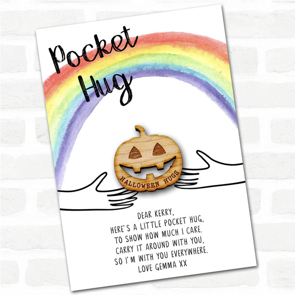 Smiling Pumpkin Halloween Rainbow Personalised Gift Pocket Hug