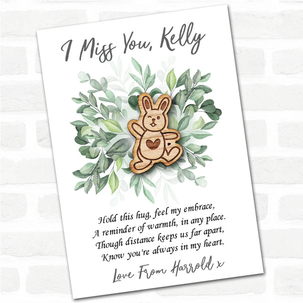 Dancing Winking Bunny Green Leaves I Miss You Personalised Gift Pocket Hug