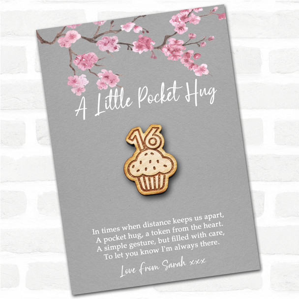 Cupcake 16 Grey Pink Blossom Personalised Gift Pocket Hug