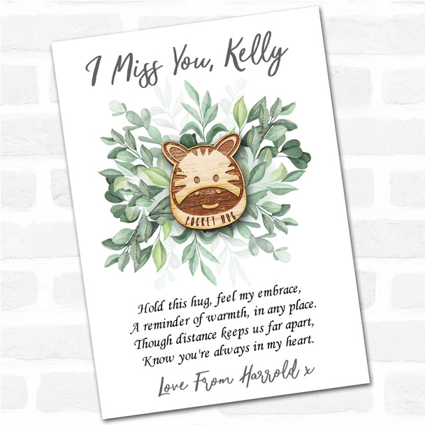 Smiling Zebra Green Leaves I Miss You Personalised Gift Pocket Hug