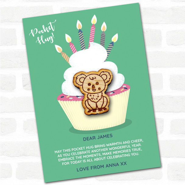 Cute Smiley Koala Cupcake Happy Birthday Personalised Gift Pocket Hug