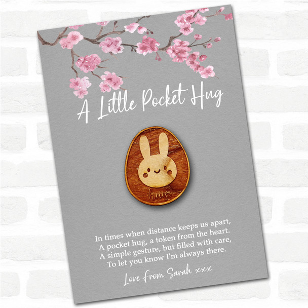 Bunny In An Egg Grey Pink Blossom Personalised Gift Pocket Hug