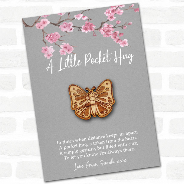 Pretty Butterfly Grey Pink Blossom Personalised Gift Pocket Hug