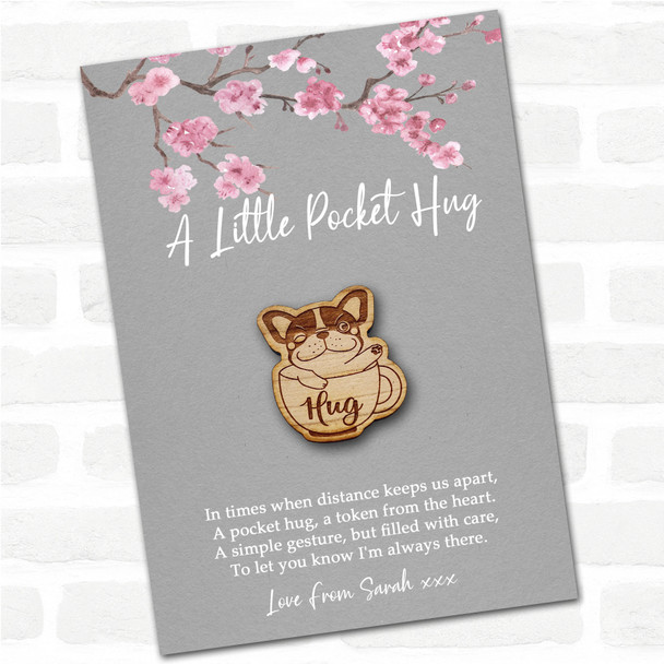 French Bulldog Puppy Dog Grey Pink Blossom Personalised Gift Pocket Hug