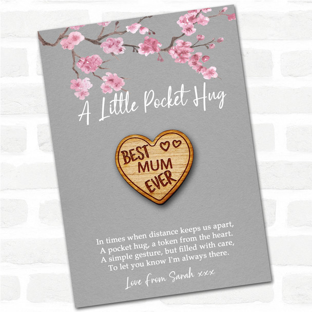 Best Mom Ever Hearts Grey Pink Blossom Personalised Gift Pocket Hug