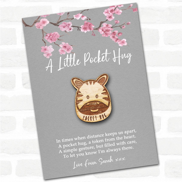 Smiling Zebra Grey Pink Blossom Personalised Gift Pocket Hug