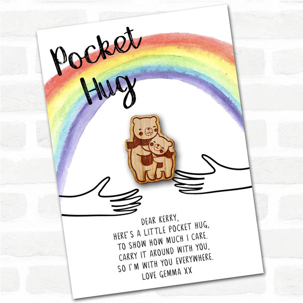 2 Bears In Scarves Cuddling Rainbow Personalised Gift Pocket Hug