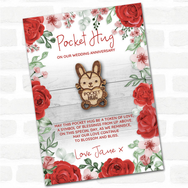 Bunny Rabbit Heart Roses Wedding Anniversary Personalised Gift Pocket Hug