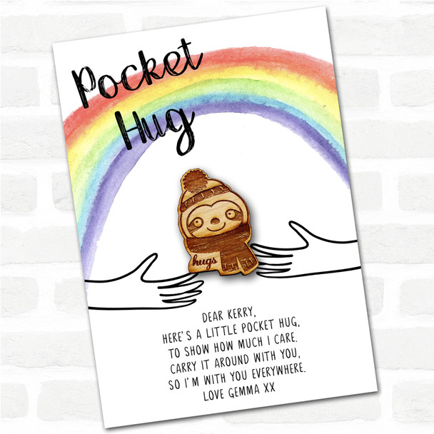 Sloth In Hat & Scarf Rainbow Personalised Gift Pocket Hug