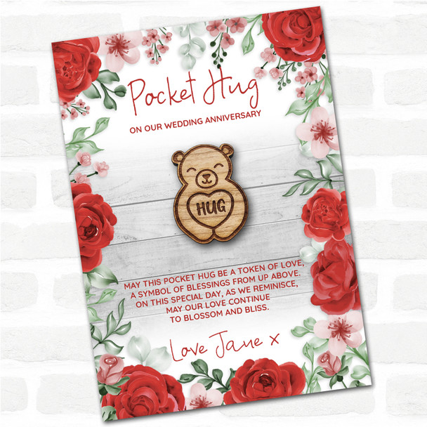 Smiling Cute Bear Roses Wedding Anniversary Personalised Gift Pocket Hug