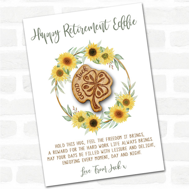 Lucky Four Leaf Clover Happy Retirement Sunflower Personalised Gift Pocket Hug