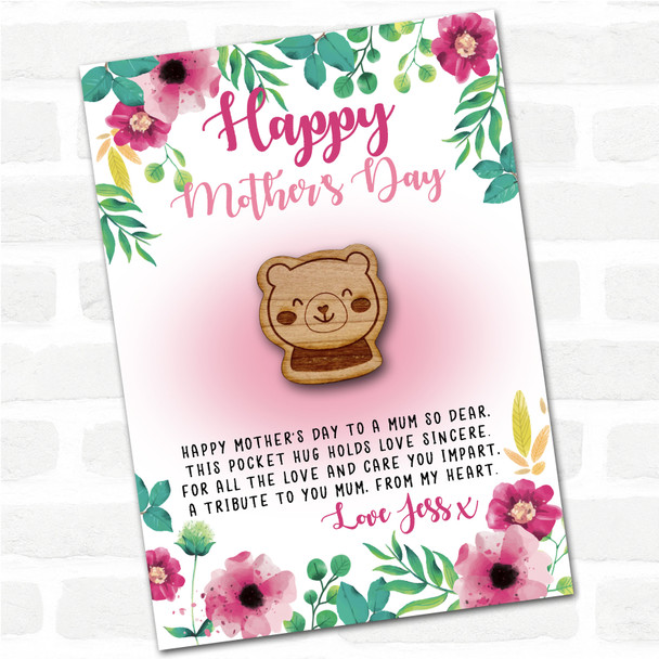 Teddy Bear Face Pink Floral Happy Mother's Day Personalised Gift Pocket Hug