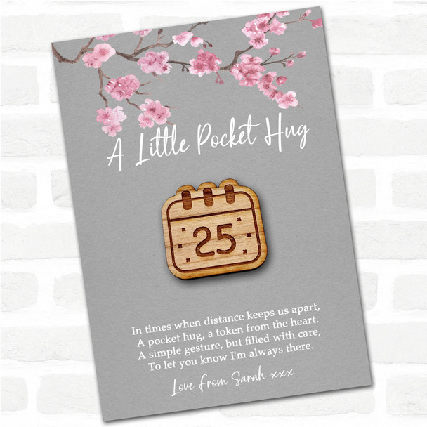 Calendar Date Day Grey Pink Blossom Personalised Gift Pocket Hug