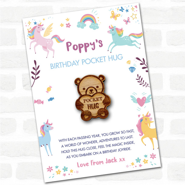 Teddy Bear Holding Heart Kid's Birthday Unicorn Personalised Gift Pocket Hug