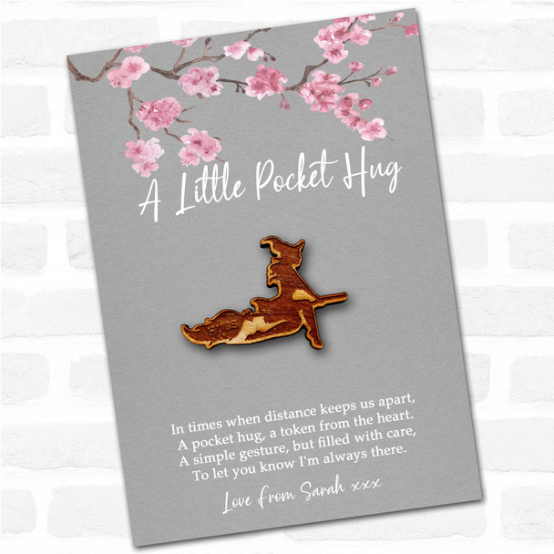 Witch On Broomstick Halloween Grey Pink Blossom Personalised Gift Pocket Hug