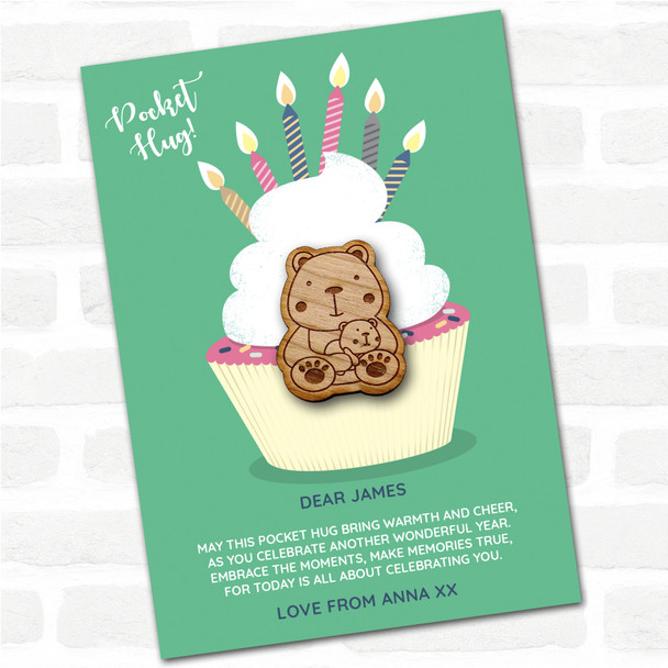 Parent & Baby Bear Cupcake Happy Birthday Personalised Gift Pocket Hug