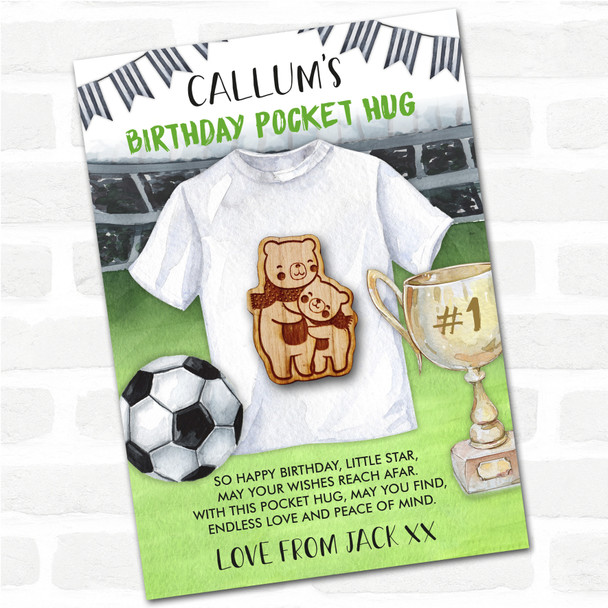 2 Bears In Scarves Cuddling Kid's Birthday Football Personalised Gift Pocket Hug