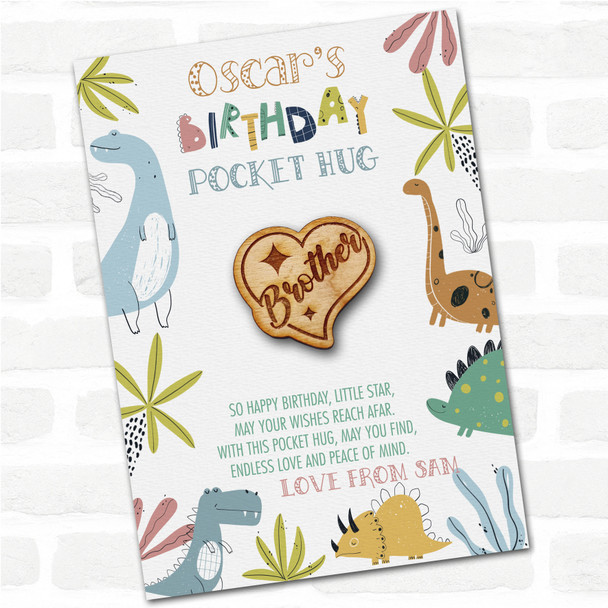 Brother Sparkles In Heart Kid's Birthday Dinosaur Personalised Gift Pocket Hug