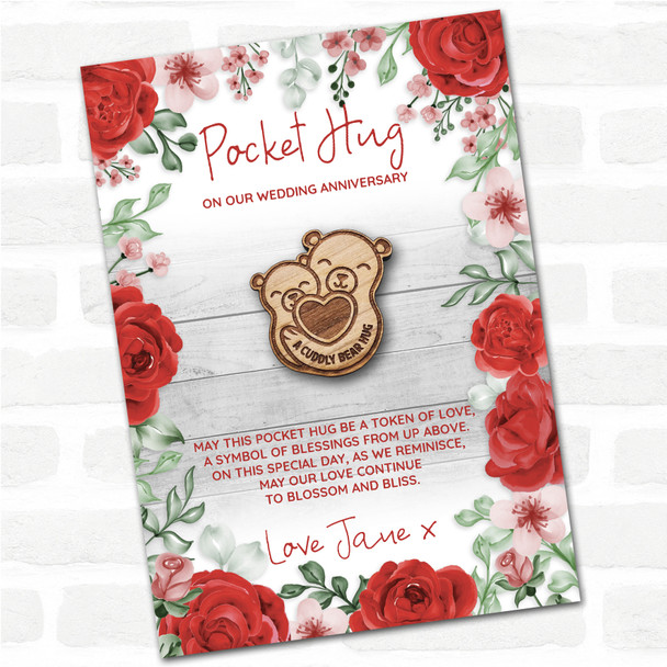 2 Bears Cuddling Roses Wedding Anniversary Personalised Gift Pocket Hug