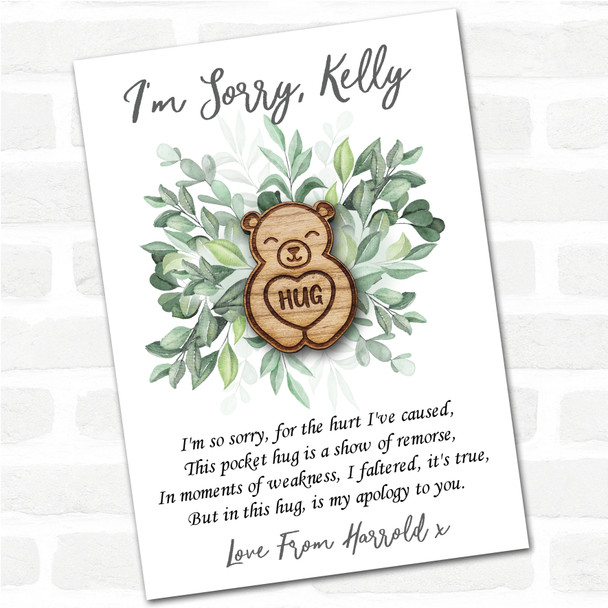 Smiling Cute Bear Leaves I'm Sorry Apology Personalised Gift Pocket Hug