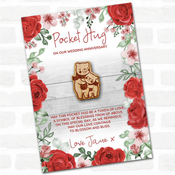 2 Bears In Scarves Cuddling Roses Wedding Anniversary Personalised Pocket Hug