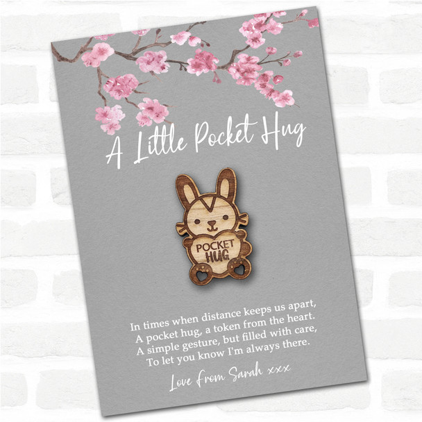Bunny Rabbit Heart Grey Pink Blossom Personalised Gift Pocket Hug