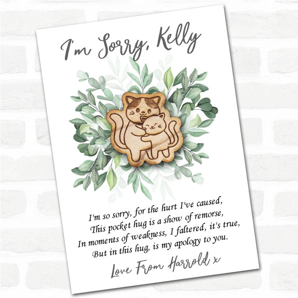 Two Cats Cuddling Leaves I'm Sorry Apology Personalised Gift Pocket Hug