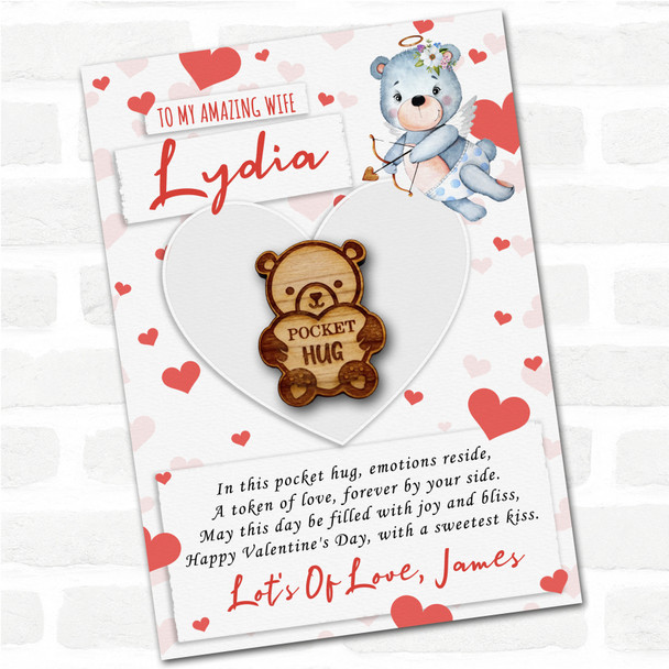 Teddy Bear Holding Heart Happy Valentine's Day Personalised Gift Pocket Hug