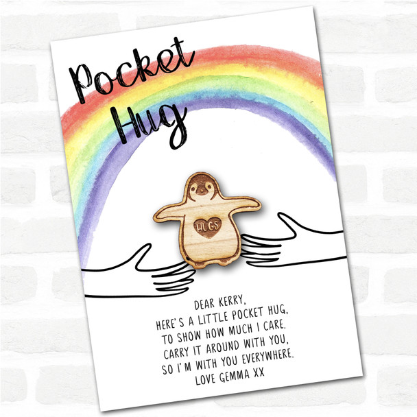 Waddle Penguin Heart Rainbow Personalised Gift Pocket Hug