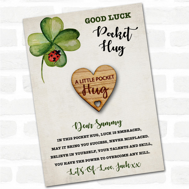 Hole Cut From Heart Clover Ladybird Good Luck Personalised Gift Pocket Hug