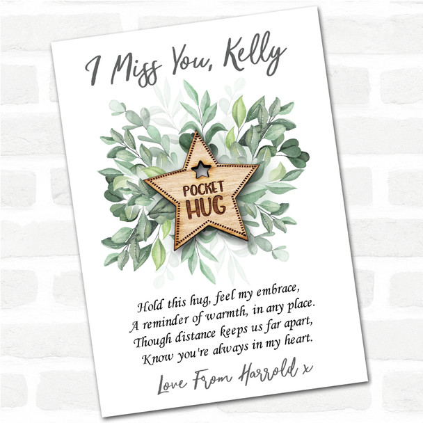 Star Hole Green Leaves I Miss You Personalised Gift Pocket Hug