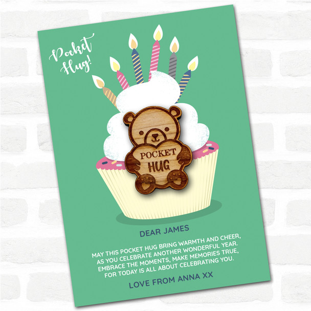 Teddy Bear Holding Heart Cupcake Happy Birthday Personalised Gift Pocket Hug