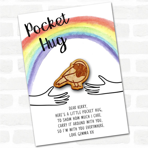 Cute Robin Looking Back Rainbow Personalised Gift Pocket Hug