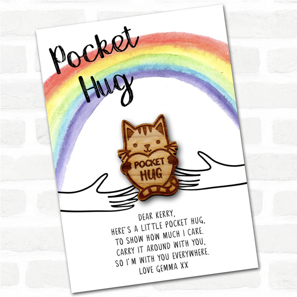 Cat Holding Love Heart Rainbow Personalised Gift Pocket Hug