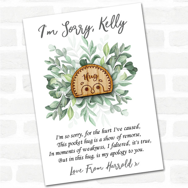 Cute Hedgehog Face Leaves I'm Sorry Apology Personalised Gift Pocket Hug