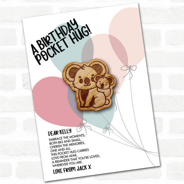 Parent & Baby Koala Balloons Happy Birthday Personalised Gift Pocket Hug