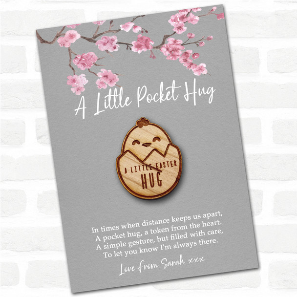Happy Chicken In An Egg Grey Pink Blossom Personalised Gift Pocket Hug