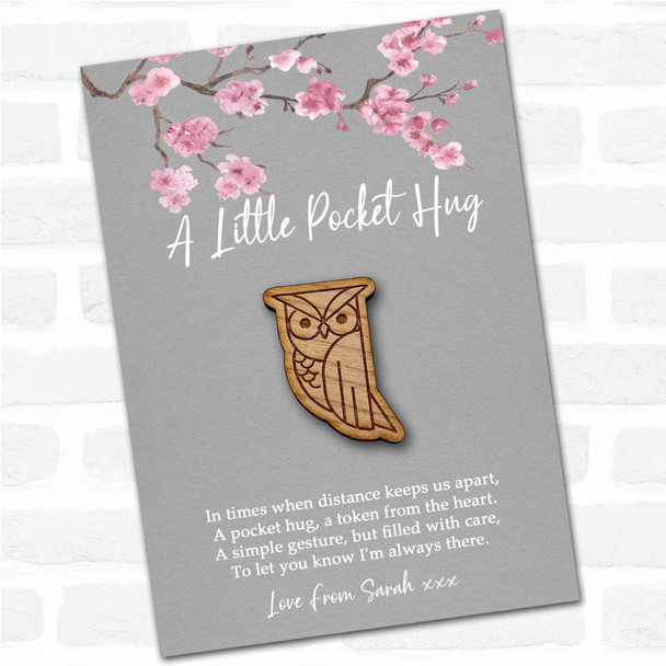 Owl Looking To The Side Grey Pink Blossom Personalised Gift Pocket Hug