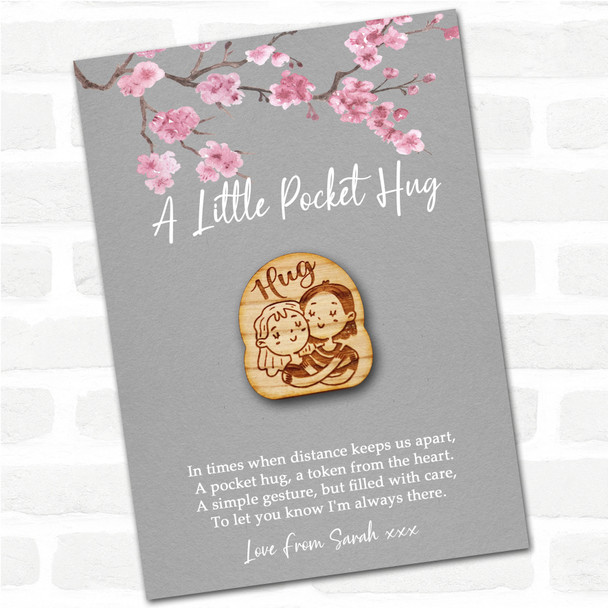 Friends Couple Hugging Smiling Grey Pink Blossom Personalised Gift Pocket Hug