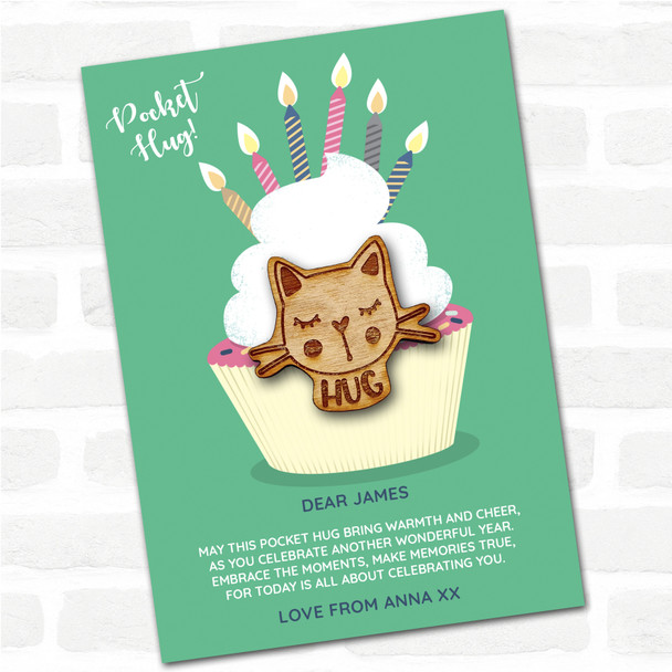 Cat Cupcake Happy Birthday Personalised Gift Pocket Hug