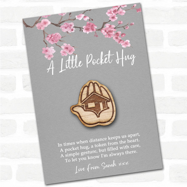Hand Holding A House Grey Pink Blossom Personalised Gift Pocket Hug