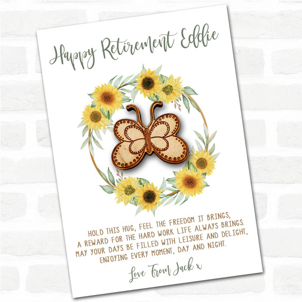 Dotty Outline Butterfly Happy Retirement Sunflower Personalised Gift Pocket Hug
