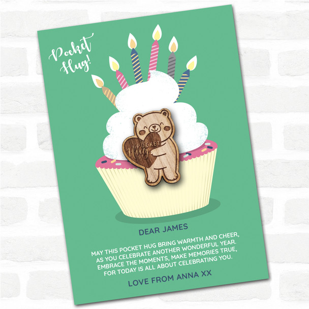 Teddy Bear Heart Cupcake Happy Birthday Personalised Gift Pocket Hug